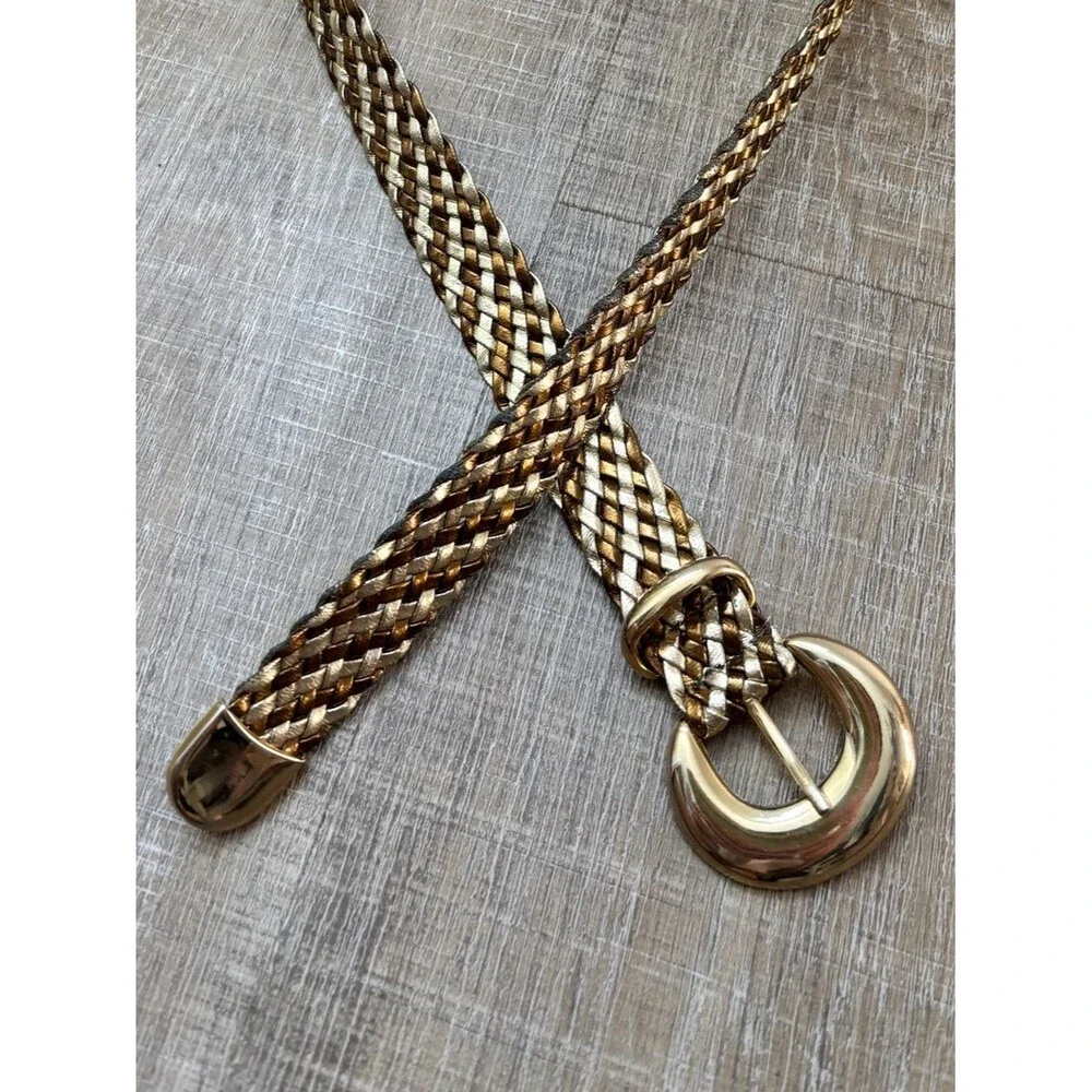 Vintage Metallic Gold Braided Woven Wide Belt M/L Cinch Statement Retro Boho